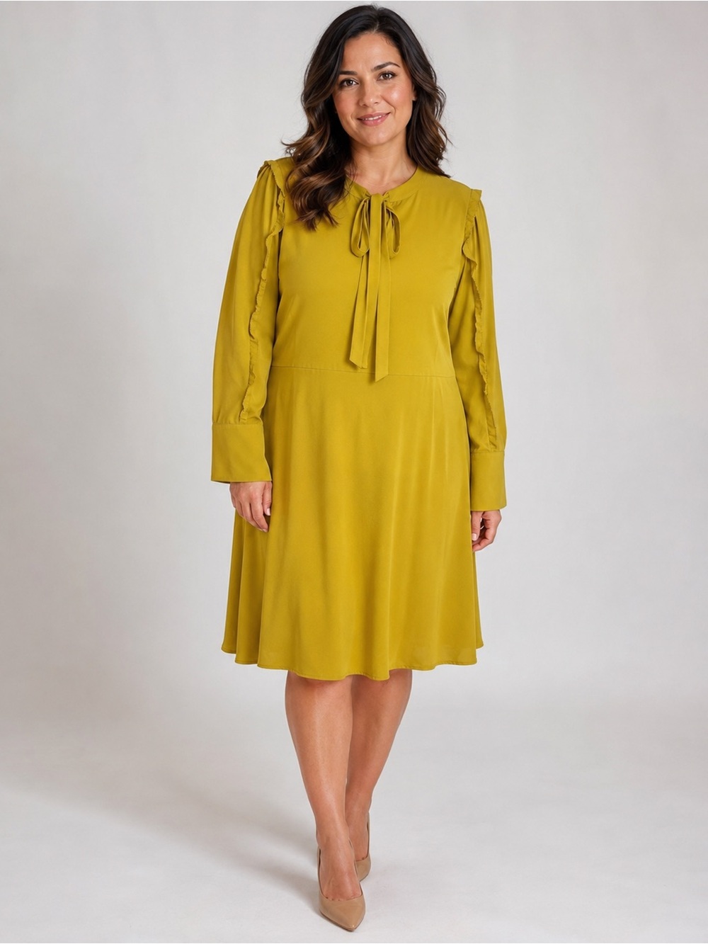 Ann Taylor Mustard Tie-Neck Long Sleeve A-Line Dress